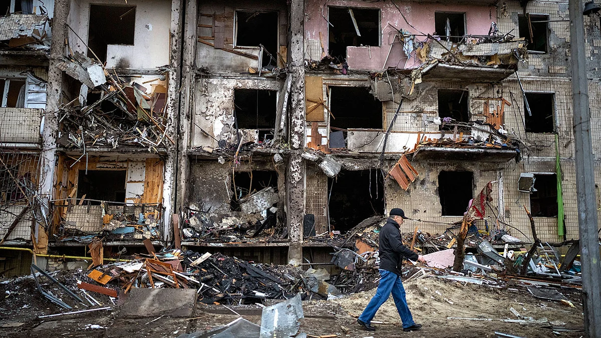 A residential building demolished by Russian bombing in Ukraine