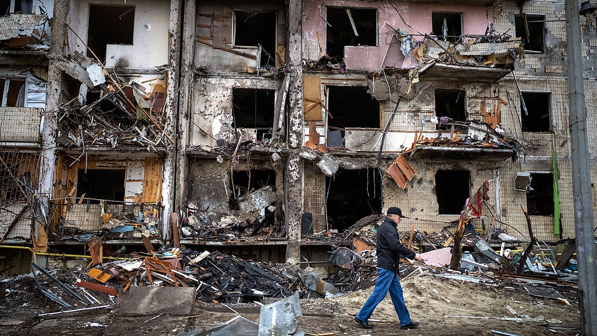 A residential building demolished by Russian bombing in Ukraine