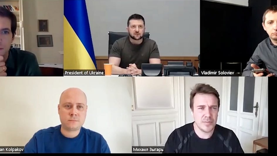 Ukrainian President Volodymyr Zelensky speaks to Russian journalists