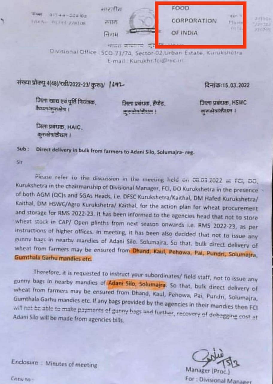 Haryana: Don't issue gunny bags to mandis...procure wheat from farmers & store in Adani's silos, says FCI  