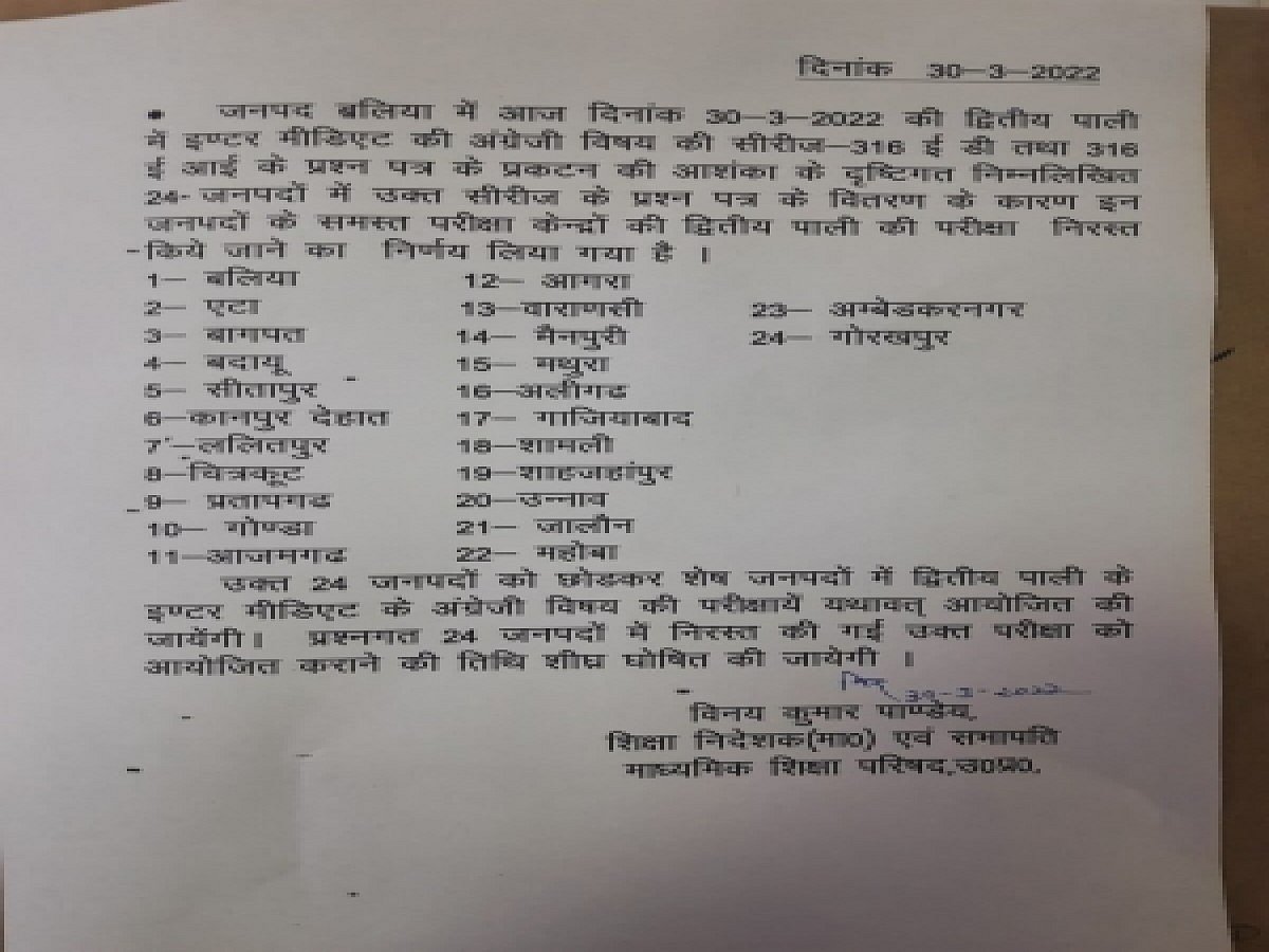 UP class 12 English paper cancelled after leak