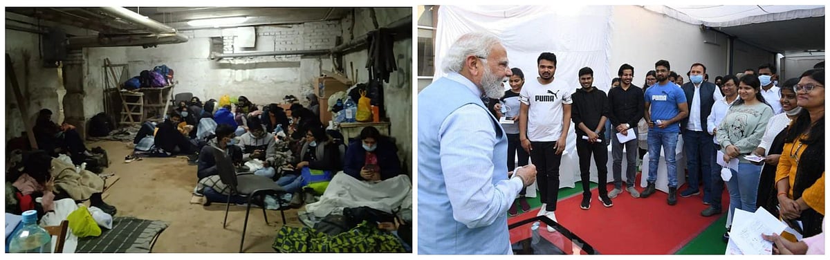 (Left) Indian students holed up in a bunker in Ukraine; (right) PM Modi interacting with students "evacuated" from Ukraine borders 