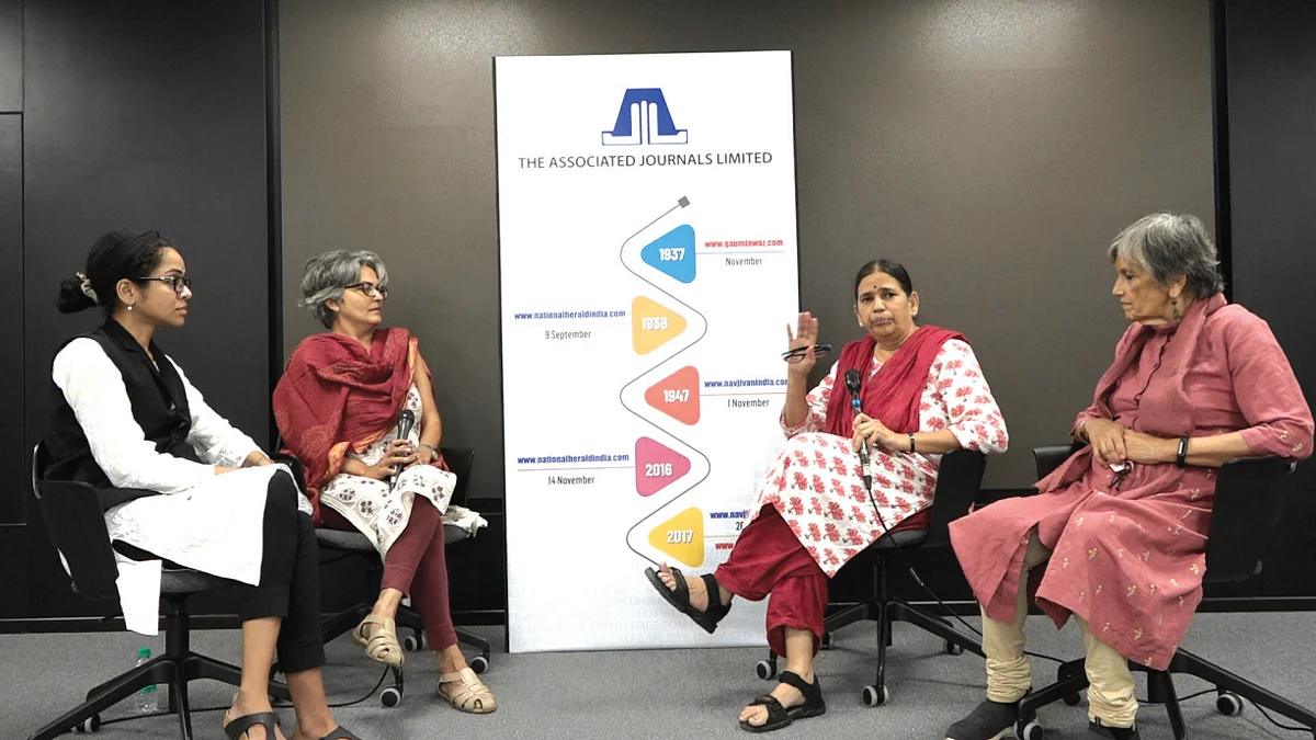 Flavia Agnes (extreme right), Varsha Bhogle (extreme left) and Santoshee Mishra (second from left) at the panel discussion with Sudha Bharadwaj
