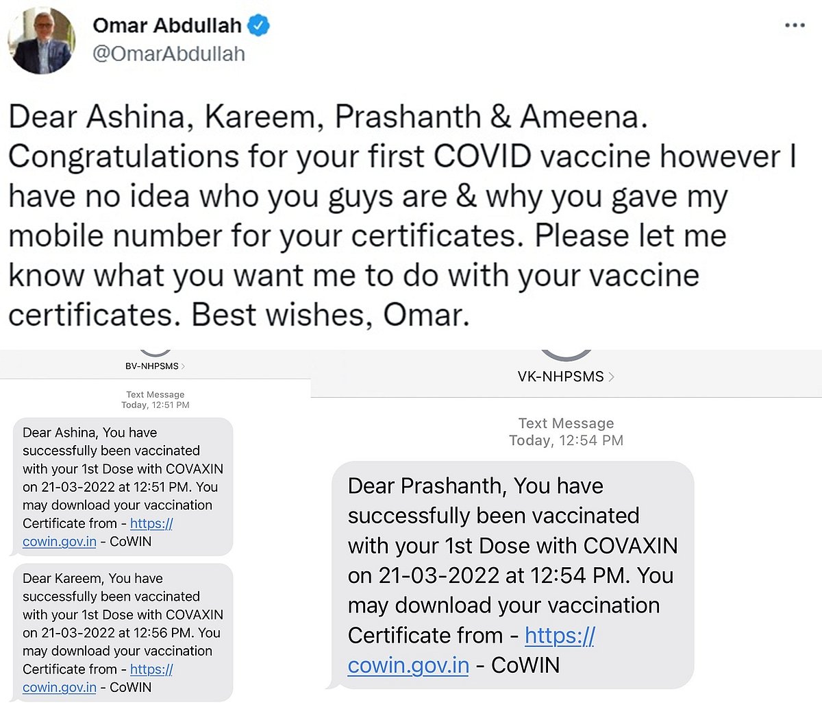 Vax confirmation text of 4 beneficiaries on Omar's number!