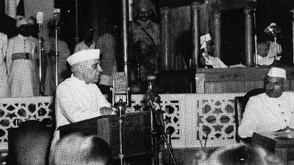 Jawaharlal Nehru making the famous 'Tryst with destiny' speech in the Constituent Assembly 