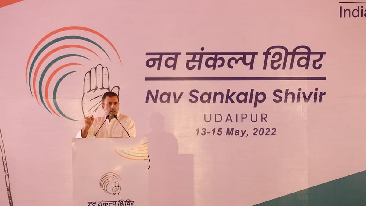 Rahul Gandhi delivers the valedictory address at the concluding session of the Nav Sankalp Shivir in Udaipur on May 15