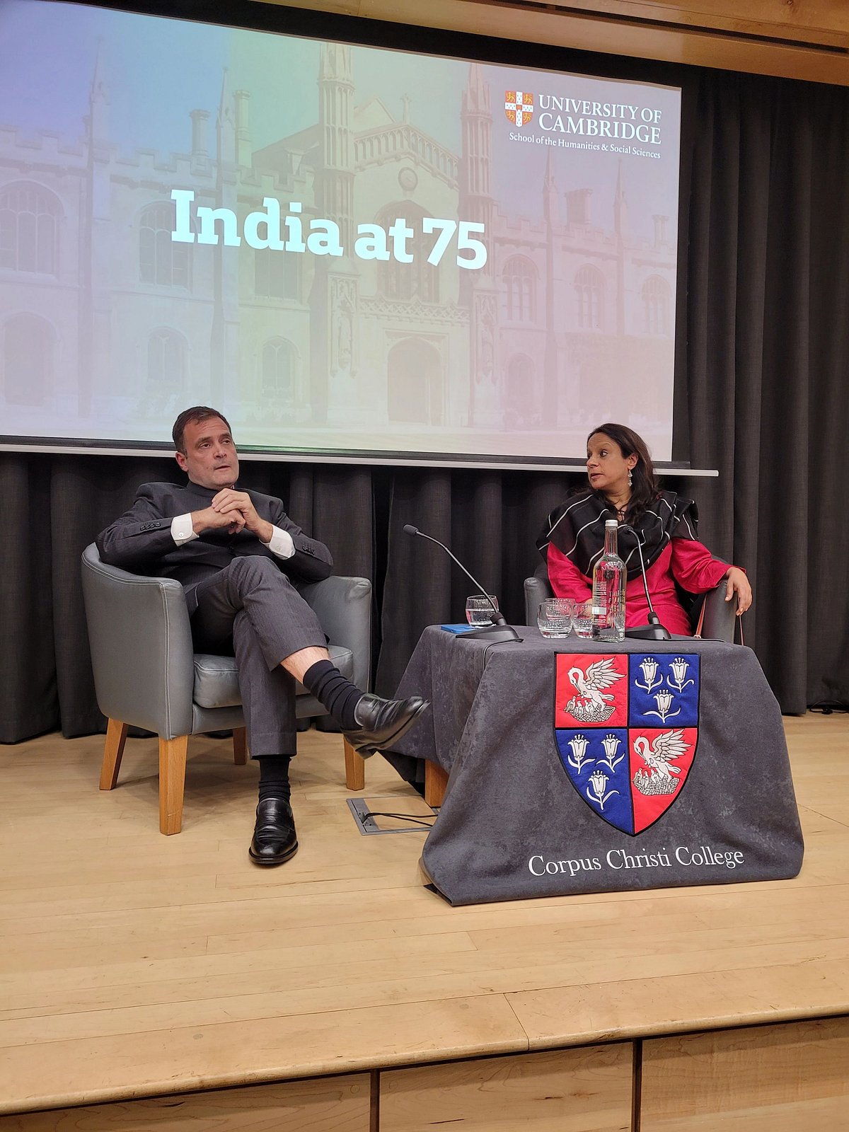 Rahul Gandhi speaking at a question and answer session at the University of Cambridge, England to mark 'India at 75' on 23 May. (Photo Courtesy: Ashis Ray)