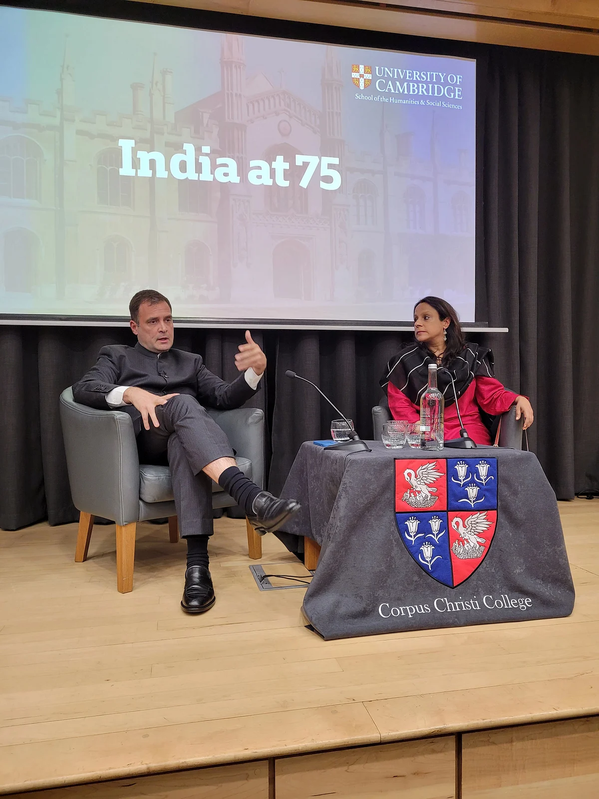 Rahul Gandhi speaking at a question and answer session at the University of Cambridge, England to mark 'India at 75' on 23 May. (Photo Courtesy: Ashis Ray)