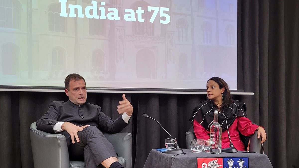 Rahul Gandhi speaking at a question and answer session at the University of Cambridge, England to mark 'India at 75' on 23 May. (Photo Courtesy: Ashis Ray)