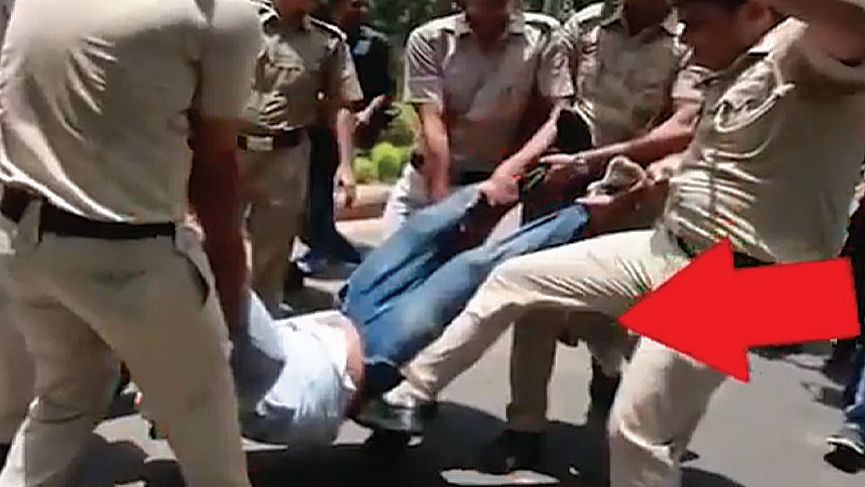 In this video grab a Delhi Police personnel is seen kicking IYC chief BV Srinivas during a protest in New Delhi on June 16