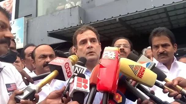 Rahul Gandhi speaking with reporters in Wayanad, Kerala. 