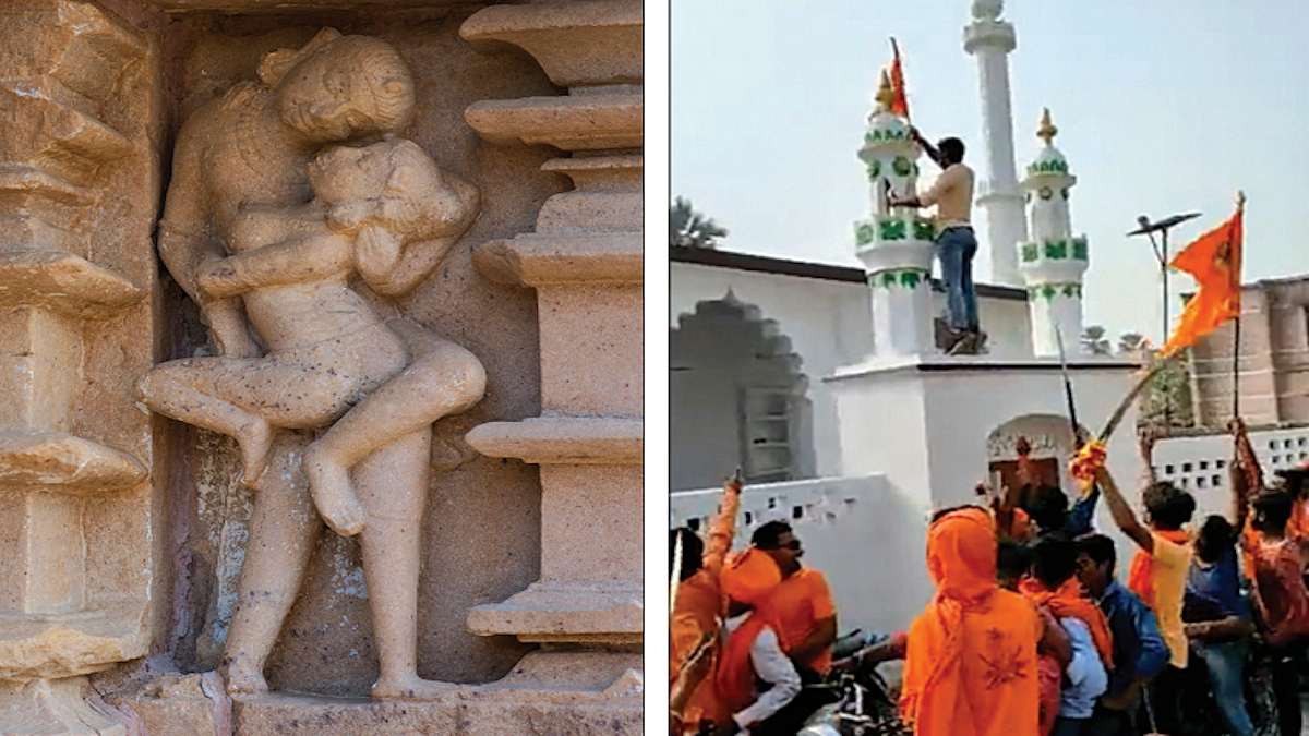 An erotic sculpture carved on the outside wall of a temple in Khajuraho, MP; (right) Hindutva activists erect a Bhagwa flag atop a mosque in Bihar’s Muzaffarpur on Ram Navami day