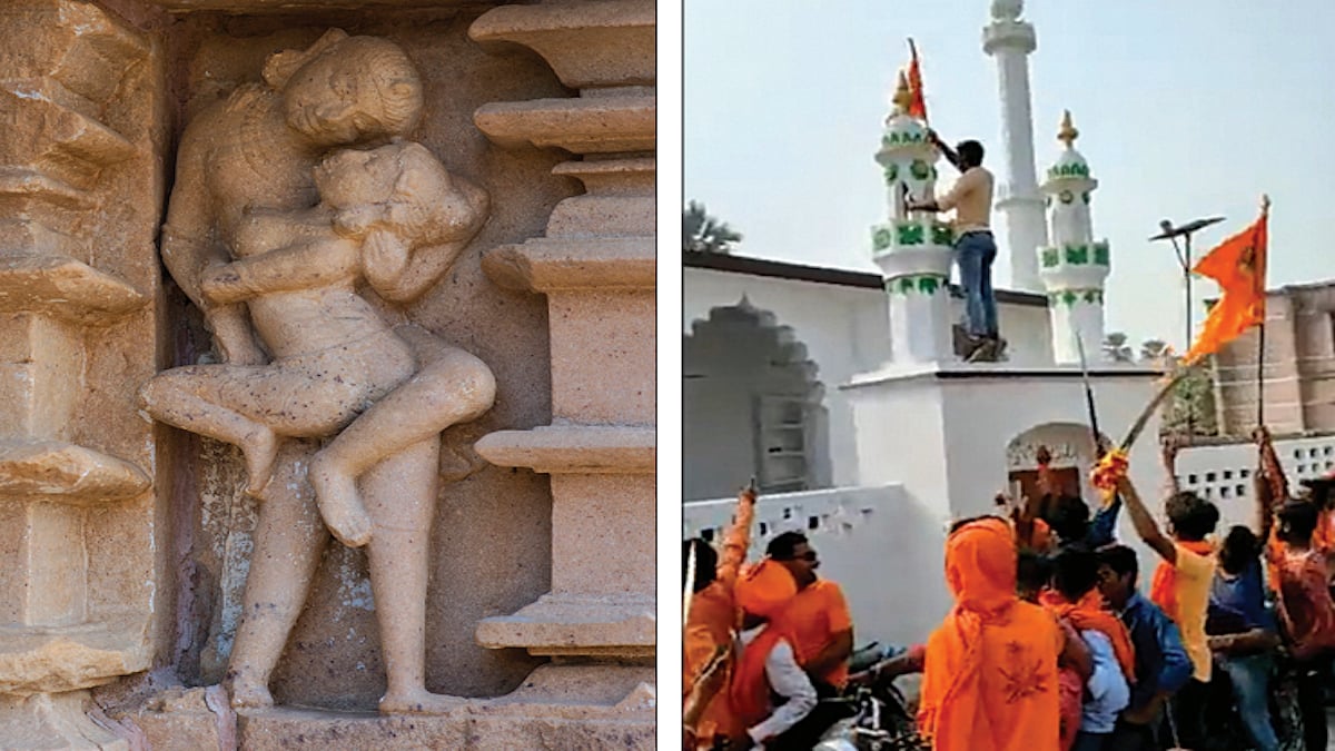 An erotic sculpture carved on the outside wall of a temple in Khajuraho, MP; (right) Hindutva activists erect a Bhagwa flag atop a mosque in Bihar’s Muzaffarpur on Ram Navami day