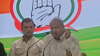 Congress leader Rahul Gandhi and Rajasthan CM Ashok Gehlot at a press conference held on Friday (NH photo by Vipin)
