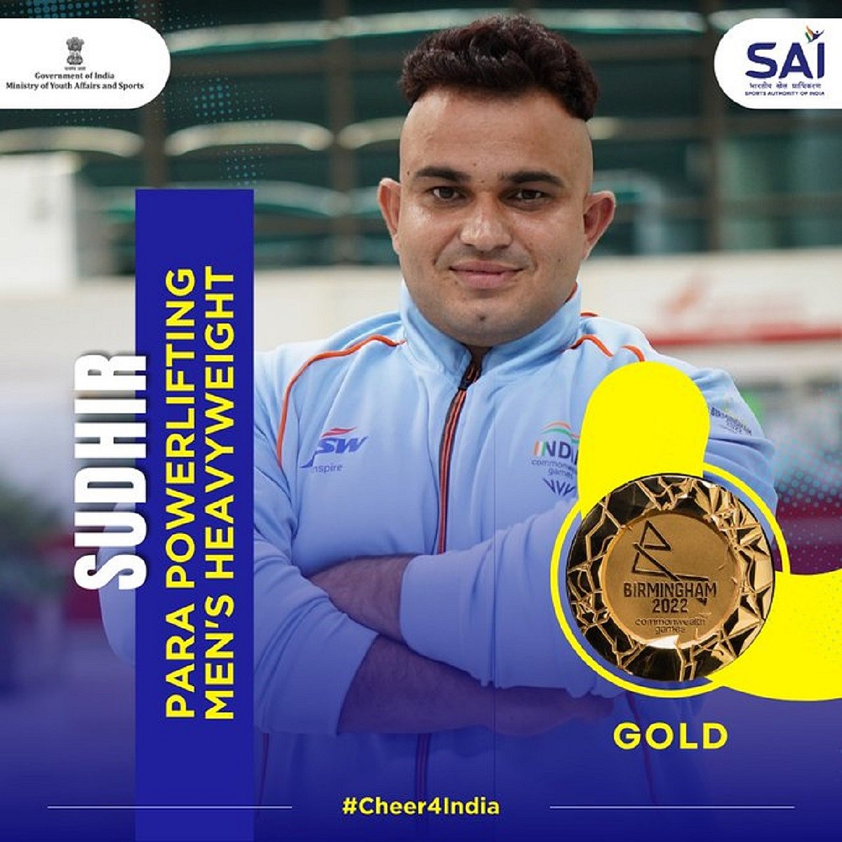 Para-powerlifter Sudhir sets Games record on way to gold in men's heavyweight