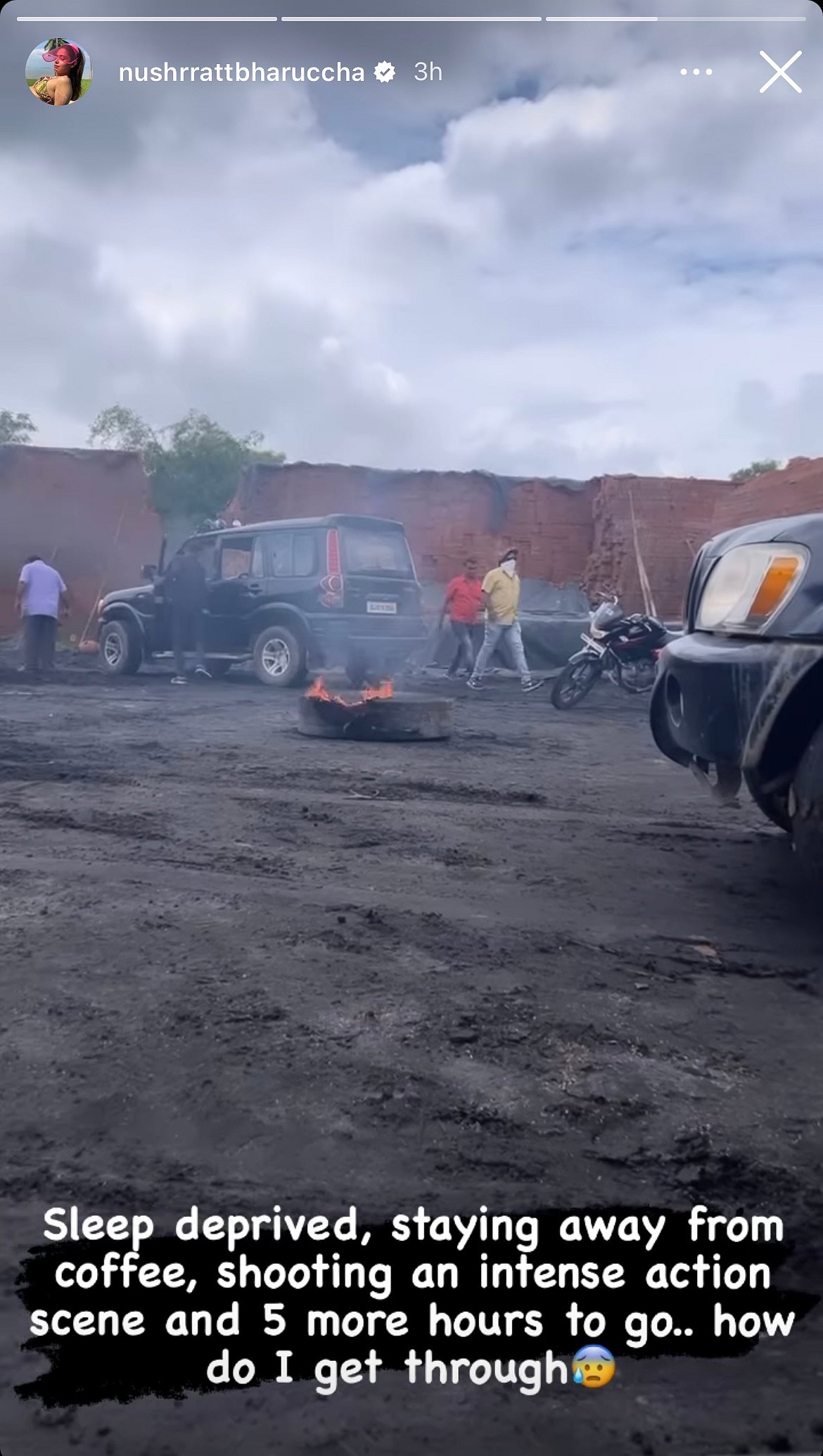 Nushrratt Bharuccha shares a sneak peak from sets as she shoots for an "intense action scene"