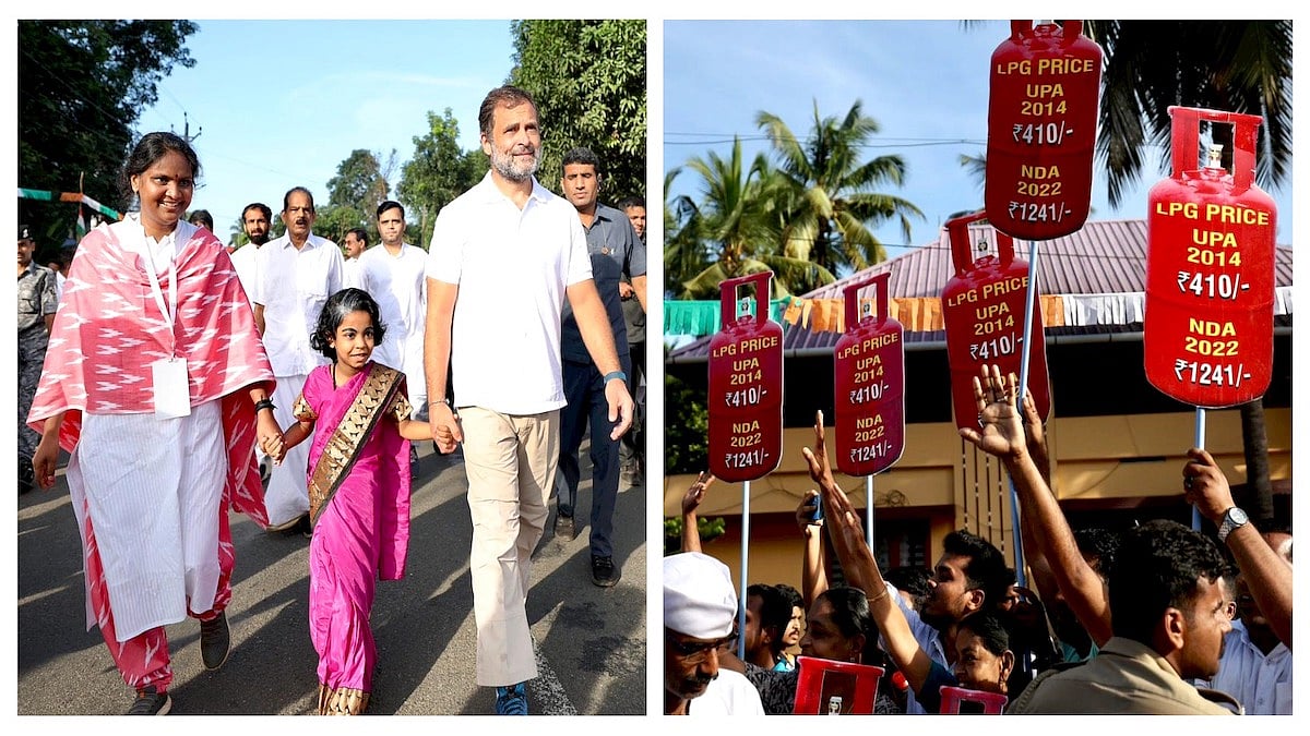 Rahul Gandhi on Day 18 of Bharat Jodo Yatra; (right) Congress workers protest against high LPG price