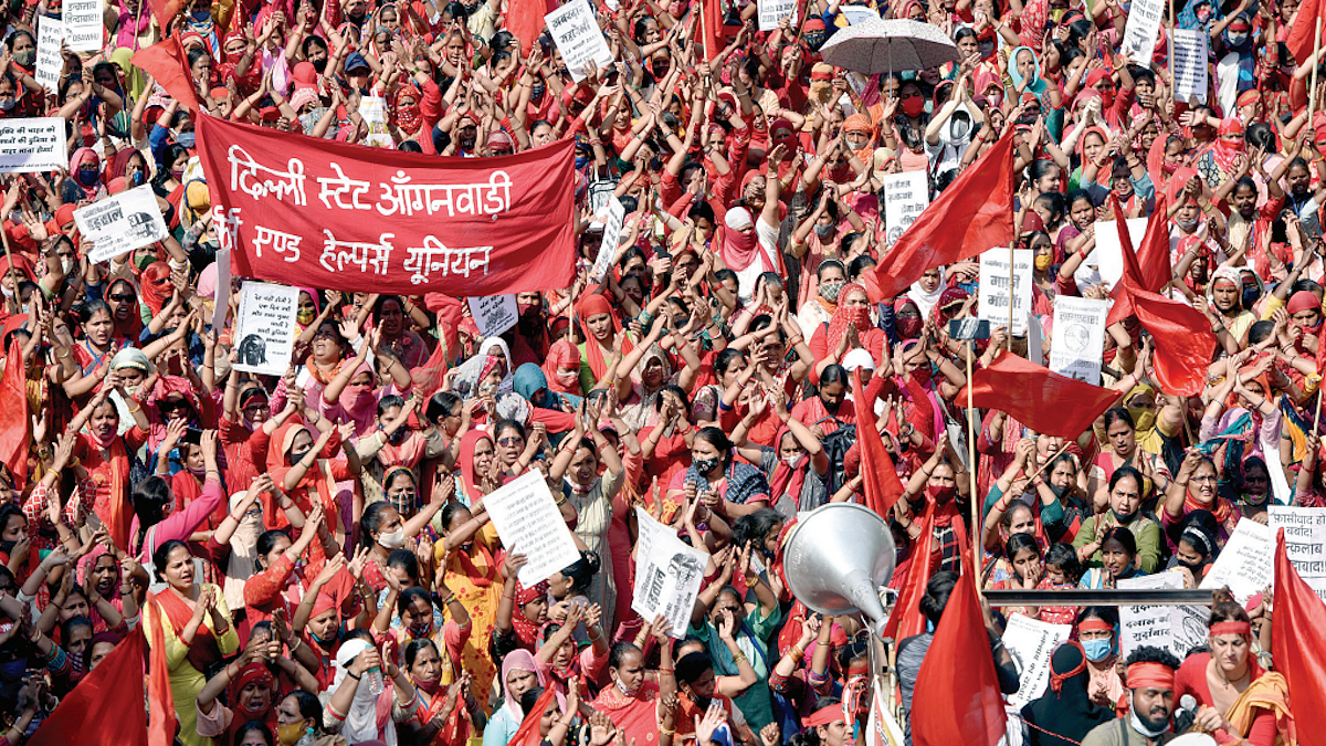 Anganwadi workers and helpers in Delhi took out a protest march in Delhi over their various unmet demands, on International Women’s Day on March 8, 2022