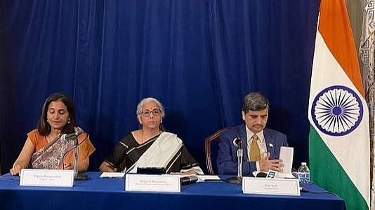 Finance minister
Nirmala Sitharaman (centre)
addresses the media on her official visit to USA in Washington DC