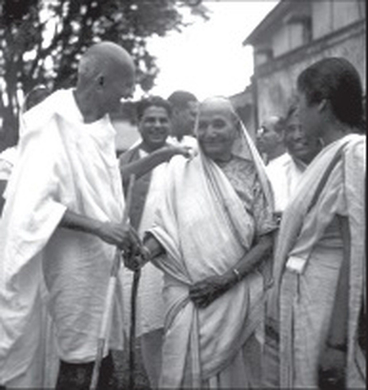 Gandhi with Birdibai, the mother of his adopted son Jamnalal Bajaj, in Wardha, 1945