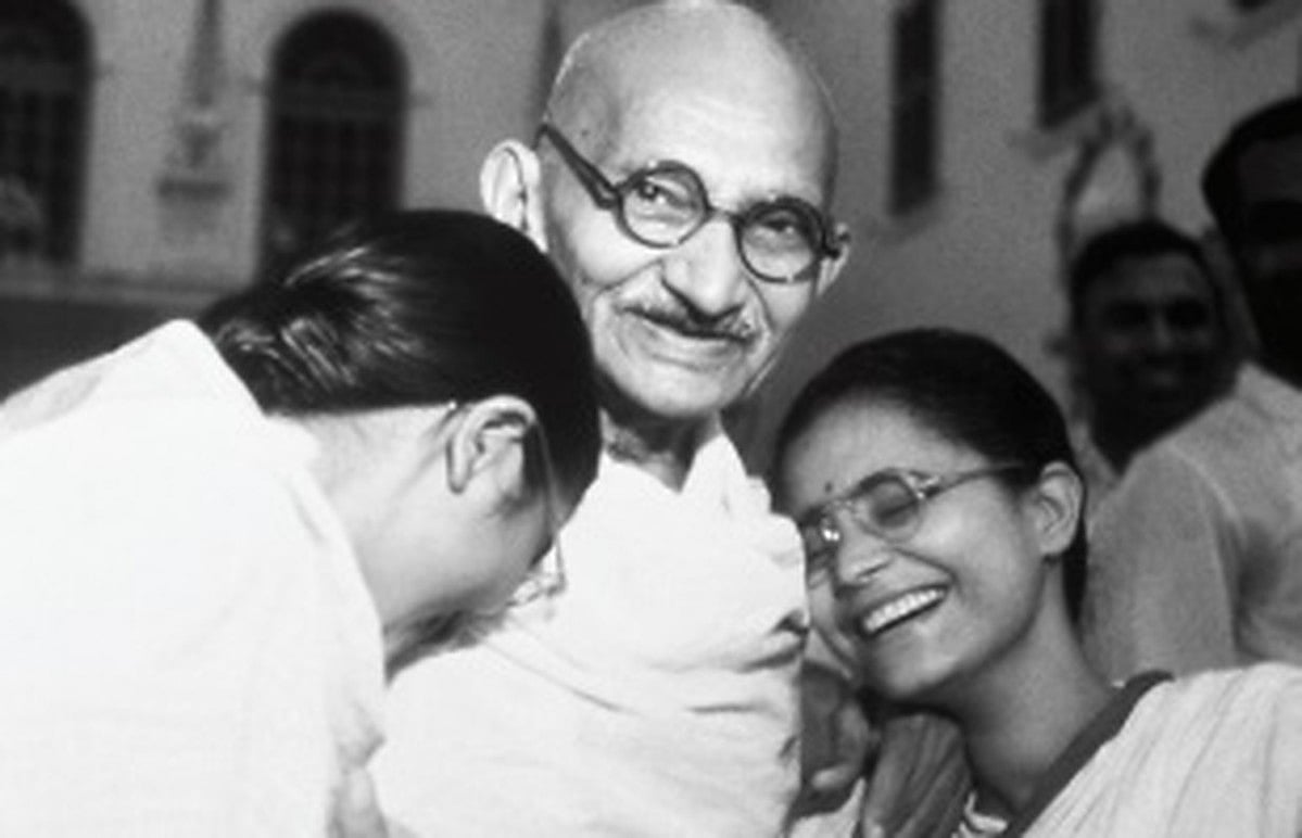 Gandhi with granddaughters Abha and Manu at Birla House in Delhi