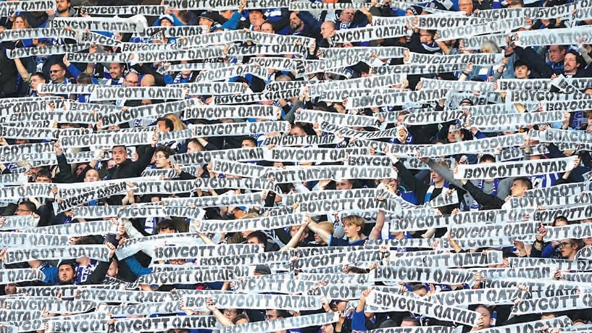 Hertha’s fans demonstrate in Berlin with banners for a boycott of the World Cup in Qatar, 12 November 2022.