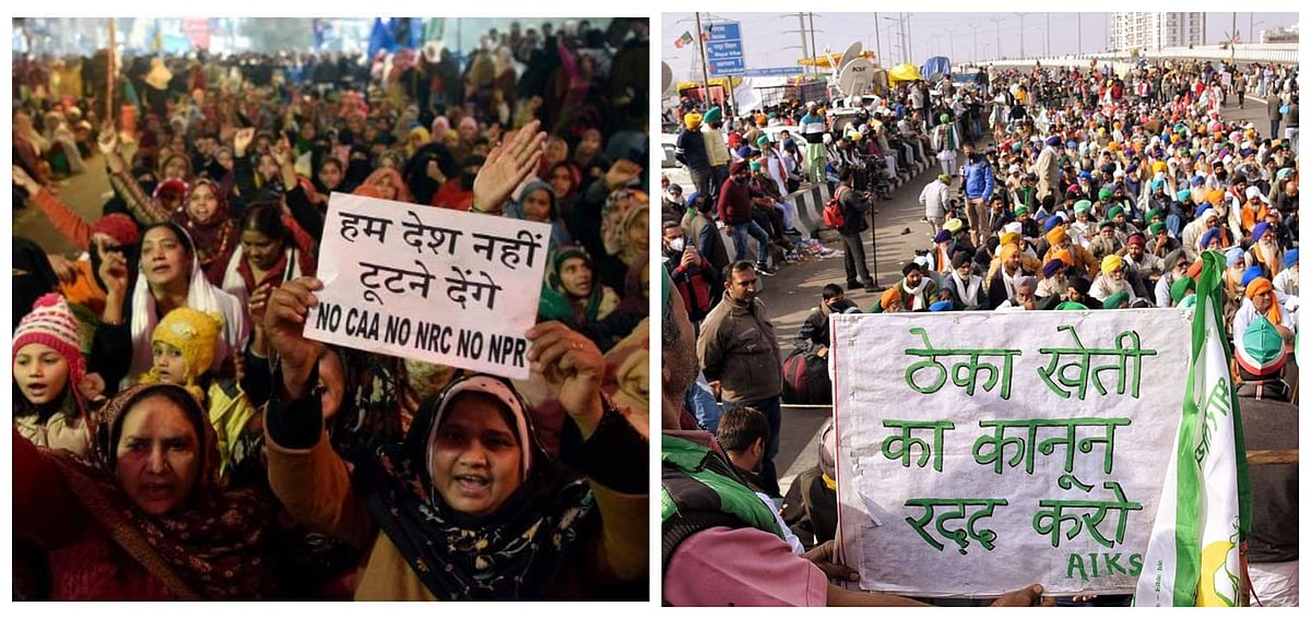 (Left) Anti-CAA protest in Shaheen Bagh; (right) farmers protest against flawed farm laws at Delhi's border