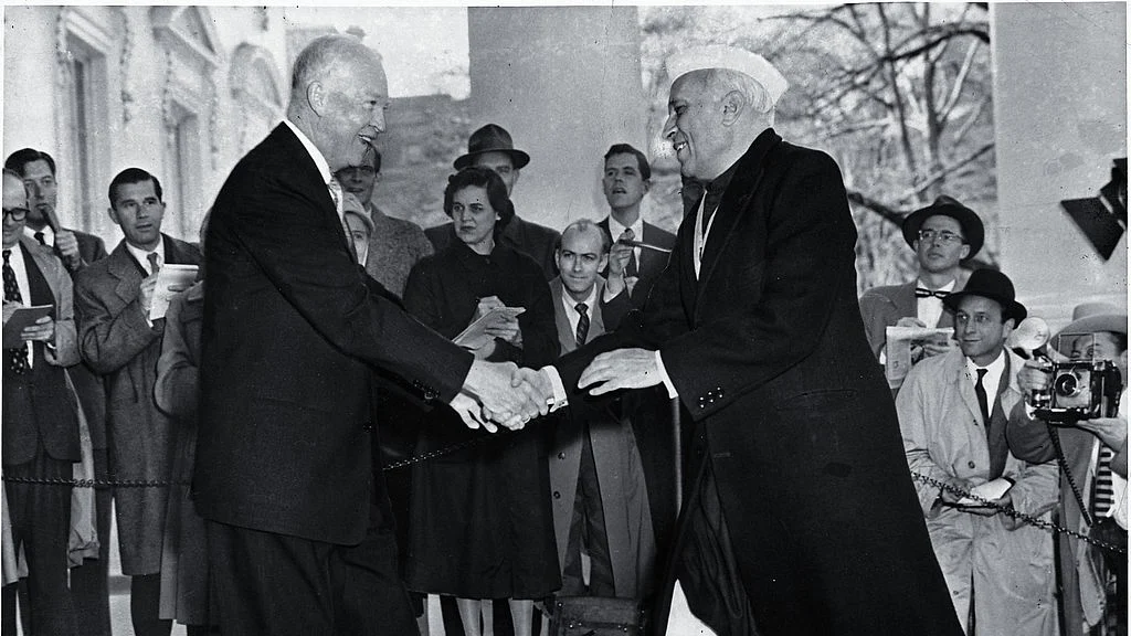 President Eisenhower greets Jawaharlal Nehru at White House, Dec. 1956