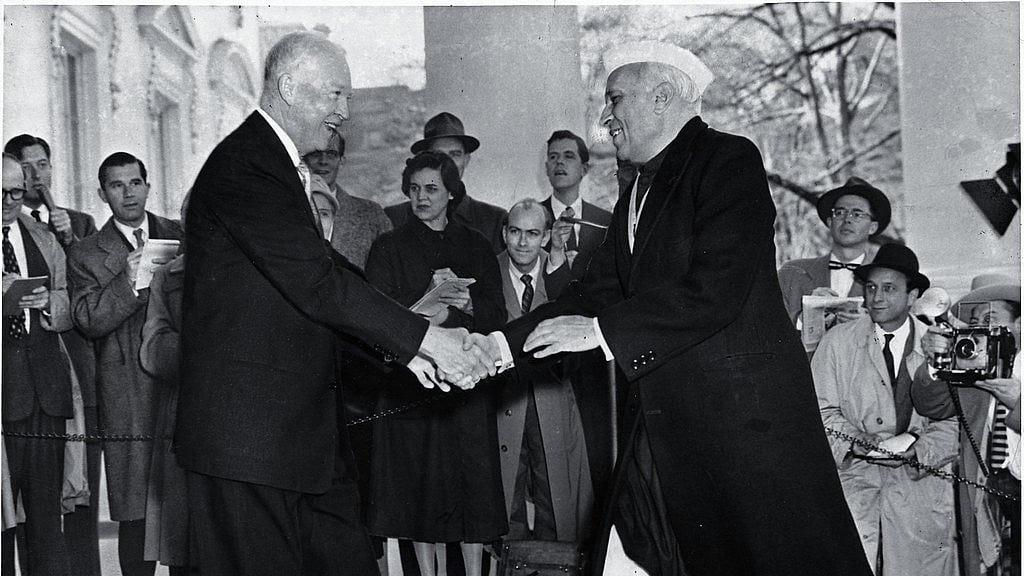 President Eisenhower greets Jawaharlal Nehru at White House, Dec. 1956
