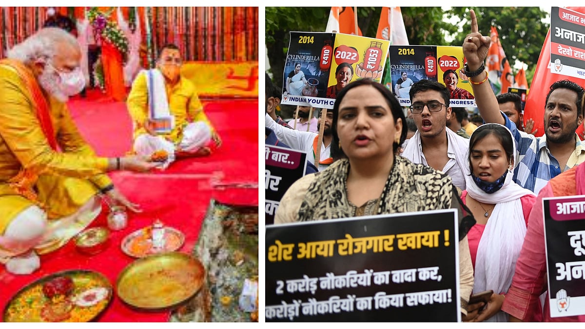 PM Narendra Modi at Ram Mandir's Bhoomi Pujan in Ayodhya; (right) youth protest against rising unemployment and fleecing GST