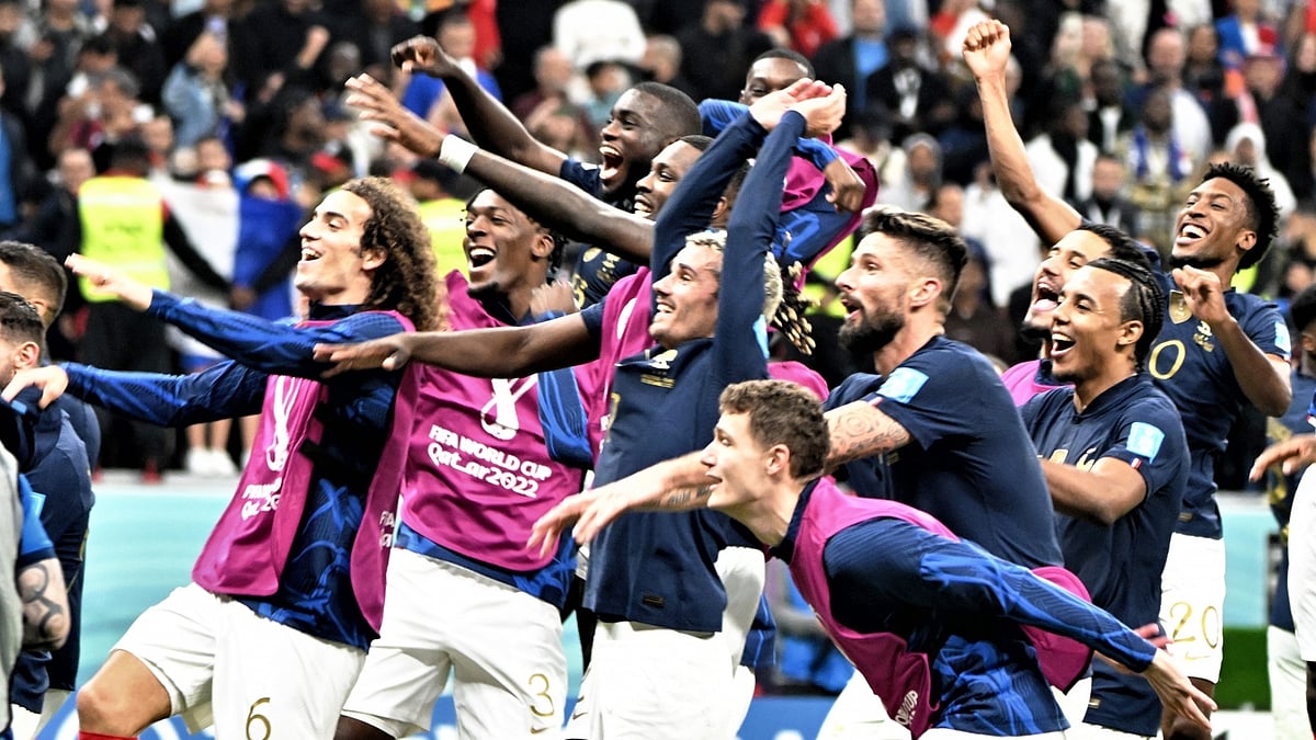 French players celebrate at the end of the match. (Photo:Suman Chattopadhyay/IANS)