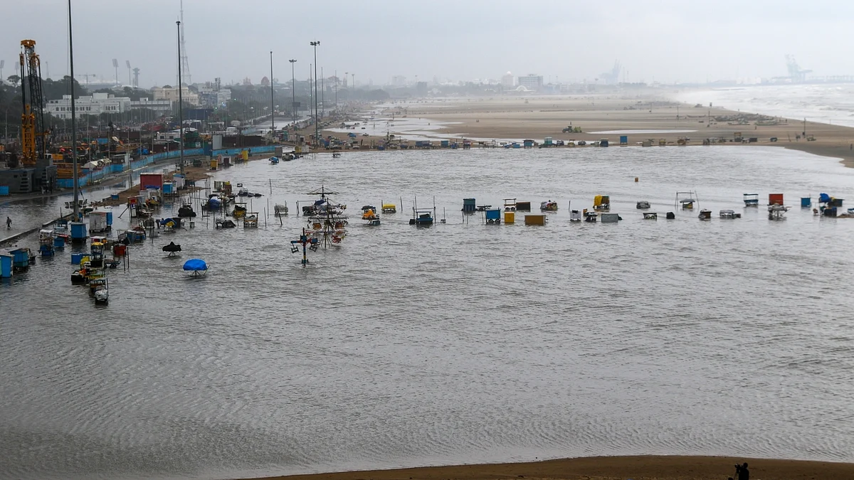 A view of Marina beach after landfall of Cyclone Mandous, in Chennai. (Photo: R Parthibhan/IANS)