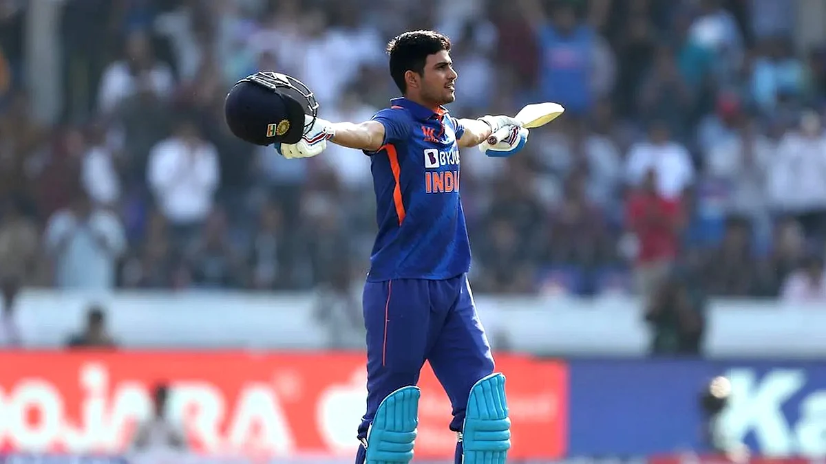 Indian batsman Shubman Gill celebrates after scoring double century during the match against New Zealand. (Photo: ICC)