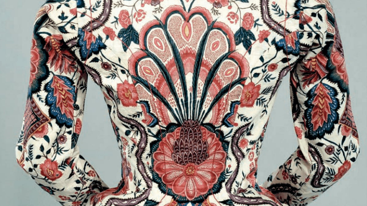 This fitted jacket 
was cut to display the sumptuous chintz imported from the Coromandel Coast