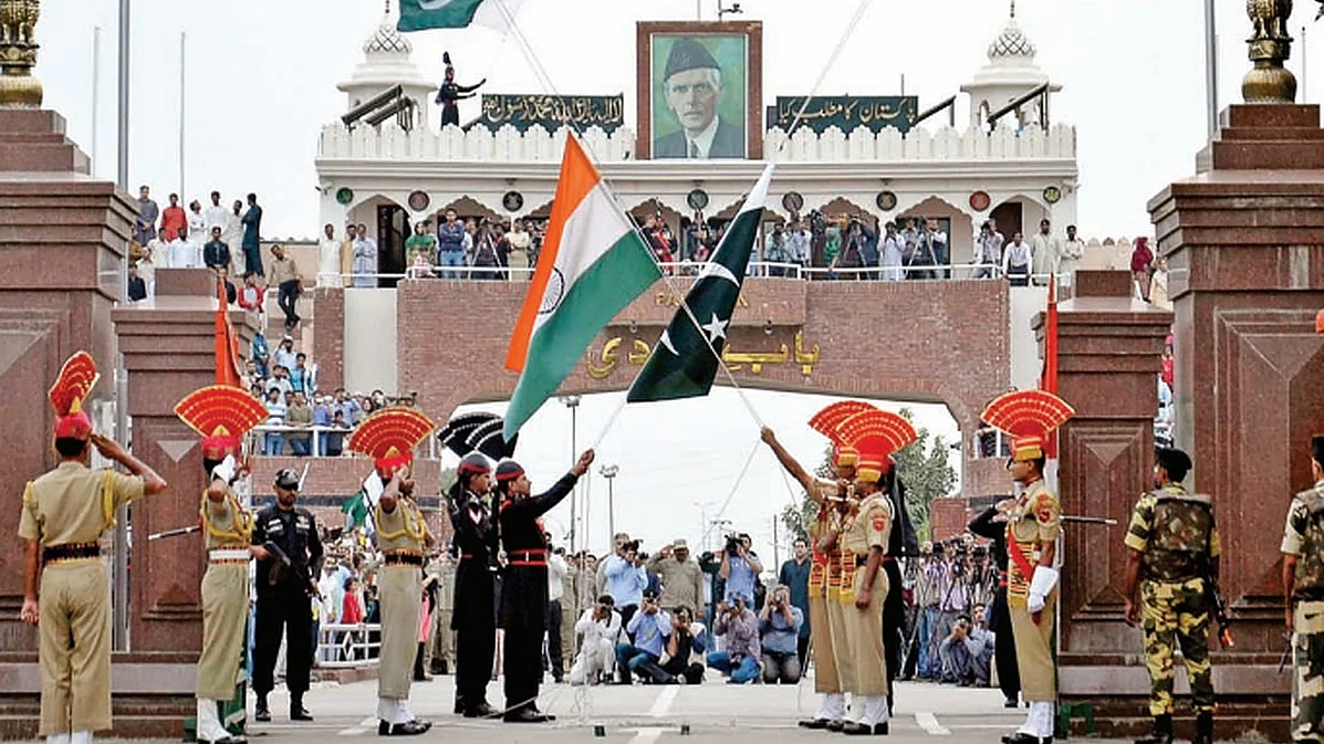 India’s BSF jawans and Pakistan’s rangers performing the customary beating the retreat ceremony at Attari-Wagah international border