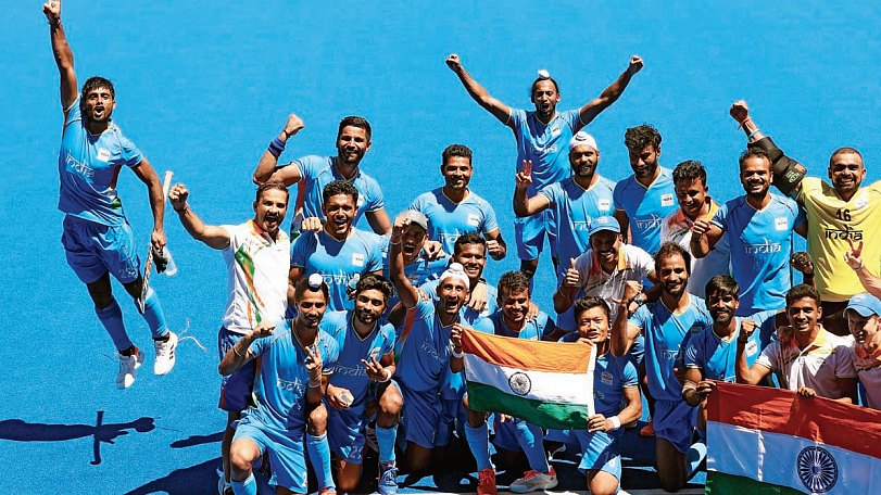 The Indian men’s hockey
team after winning the bronze medal at the Tokyo 2020 Olympics