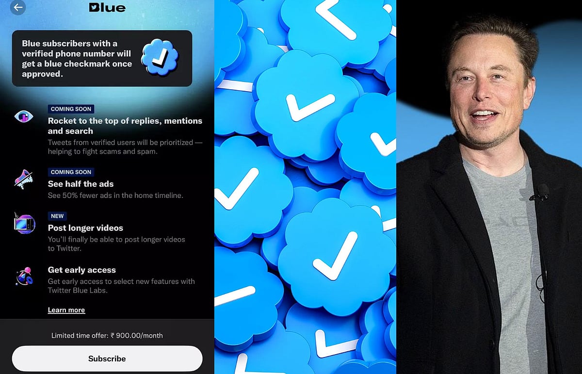 (L-R): Twitter Blue subscription page, Twitter Blue revamped tick, Twitter CEO Elon Musk