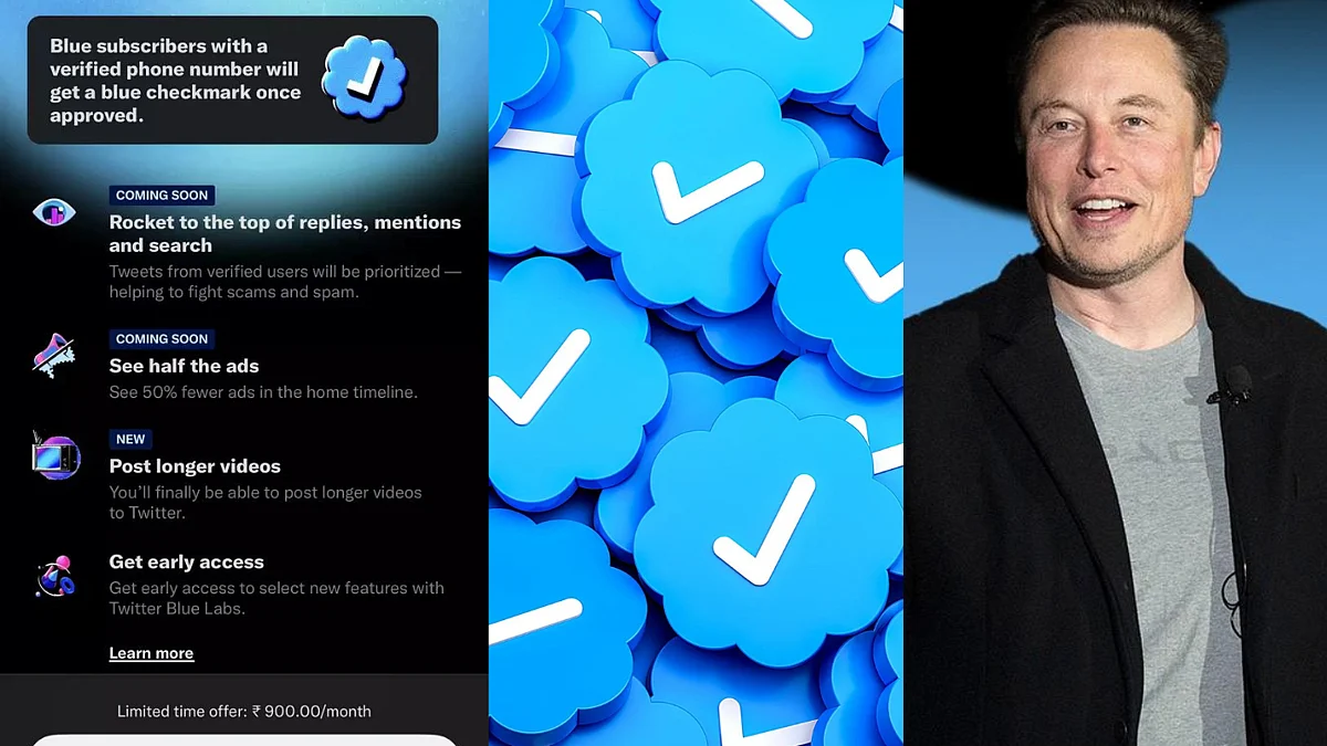 (L-R): Twitter Blue subscription page, Twitter Blue revamped tick, Twitter CEO Elon Musk