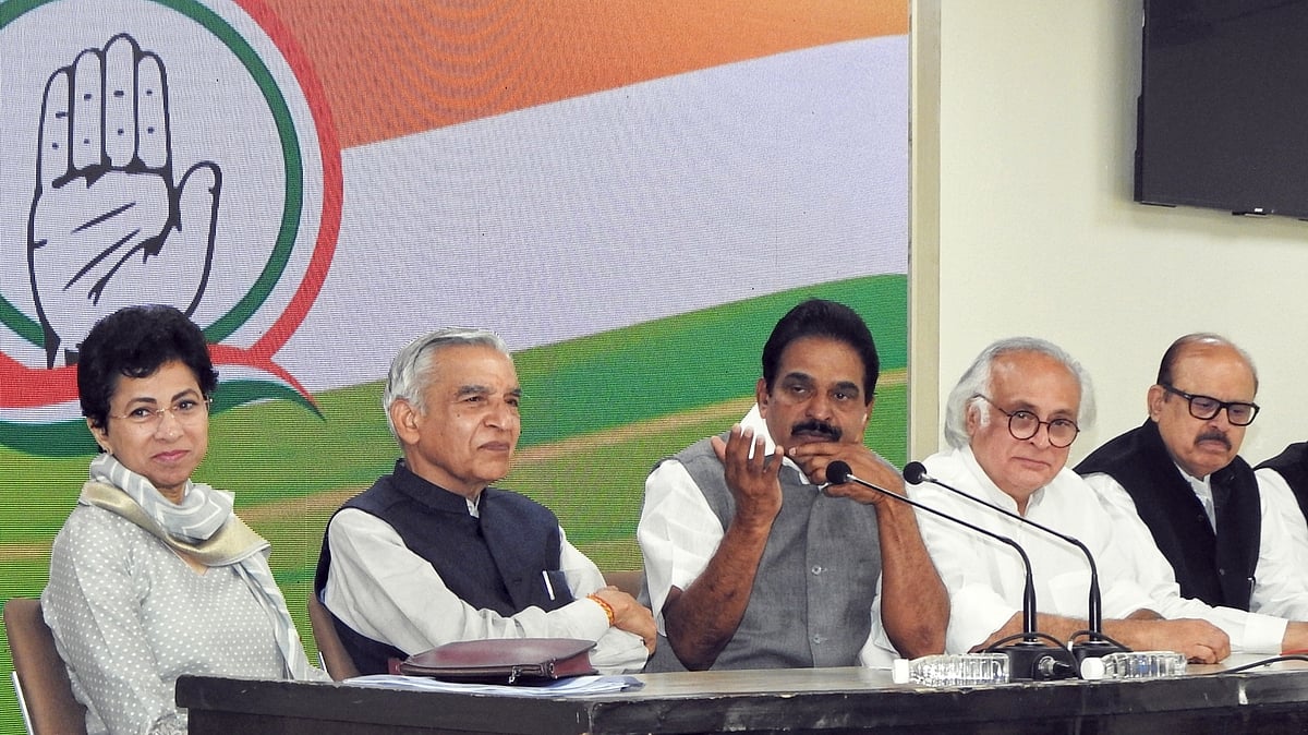 Congress leaders K.C. Venugopal, Jairam Ramesh, Pawan Bansal and Kumari Sejla at a press conference at Congress HQ in New Delhi on Sunday
