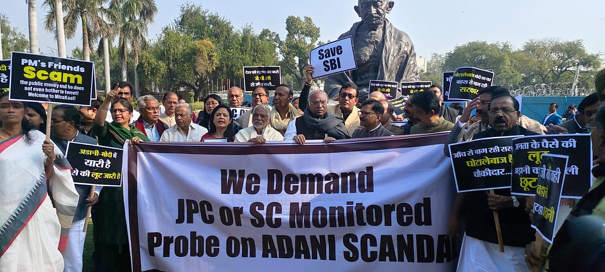 Oppn protests in Parliament premises demanding JPC probe into Adani issue