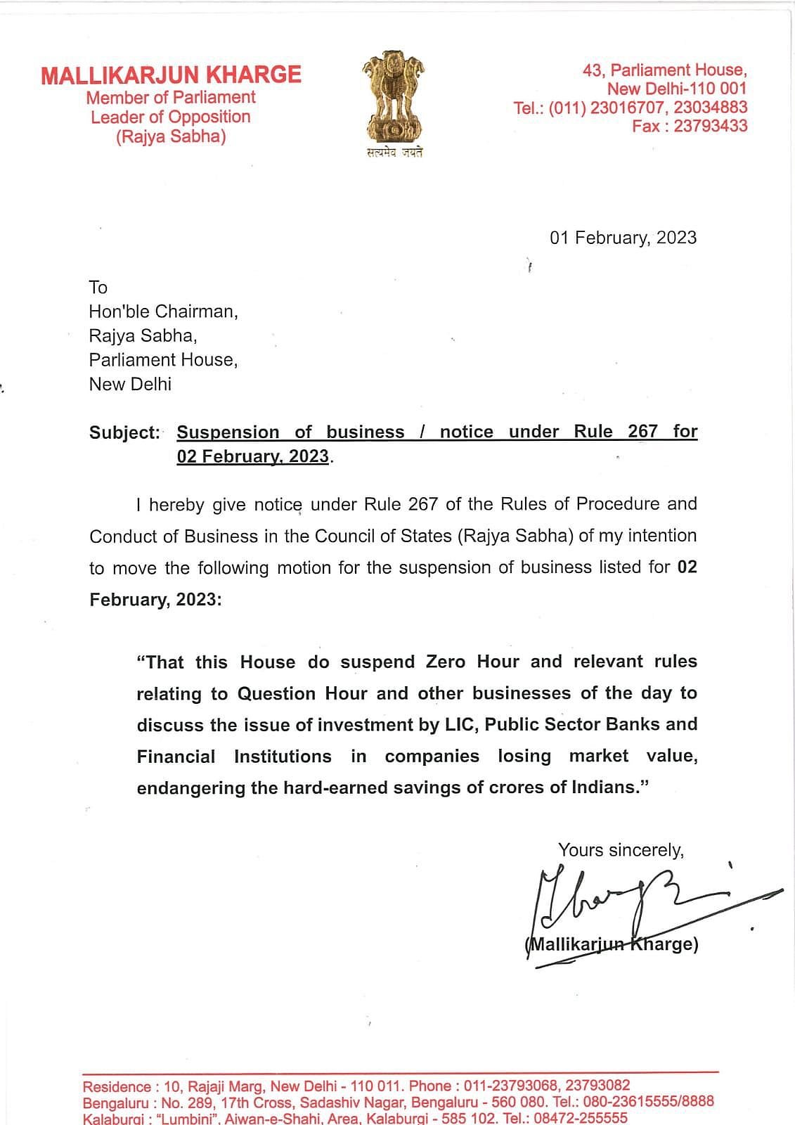 Rajya Sabha adjourned, Chairman rejects Kharge's suspension notice
