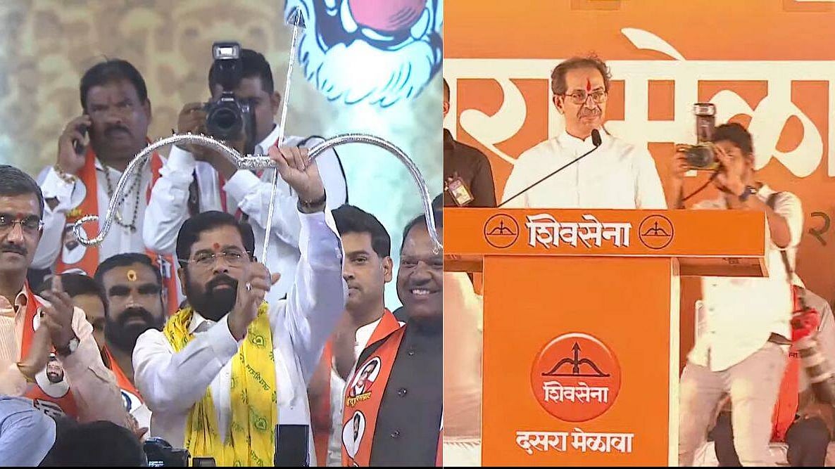 Eknath Shinde (Left); Uddhav Thackeray at their respective Dussehra rallies