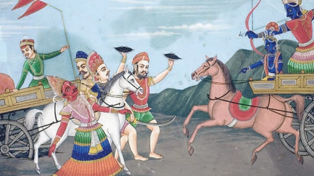 A 19th century Mahabharata painting depicts Arjuna killing Karna