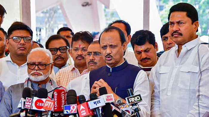 Maha Vikas Aghadi (MVA) MLAs Ajit Pawar, Chhagan Bhujbal and Nana Patole address the media on Maharashtra Assembly premises during the Budget Session, in Mumbai, Wednesday, March 8.