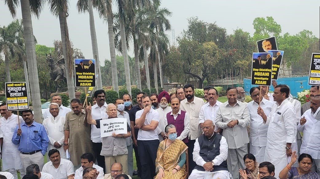 “Adani sarkar, shame, shame”: Sonia Gandhi joins opposition protest against Modi govt inside Parliament