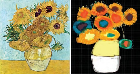 AI works by first scrambling the image with random noise before rebuilding it in a series of steps that reduce noise;
A quick AI image recreation (at right) of Van Gogh's 'Sunflowers'