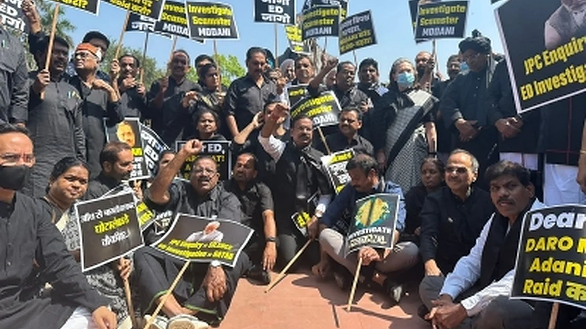 Congress-led oppn members protest outside Parliament, seek probe in Adani matter