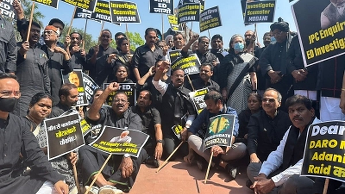 Congress-led oppn members protest outside Parliament, seek probe in Adani matter