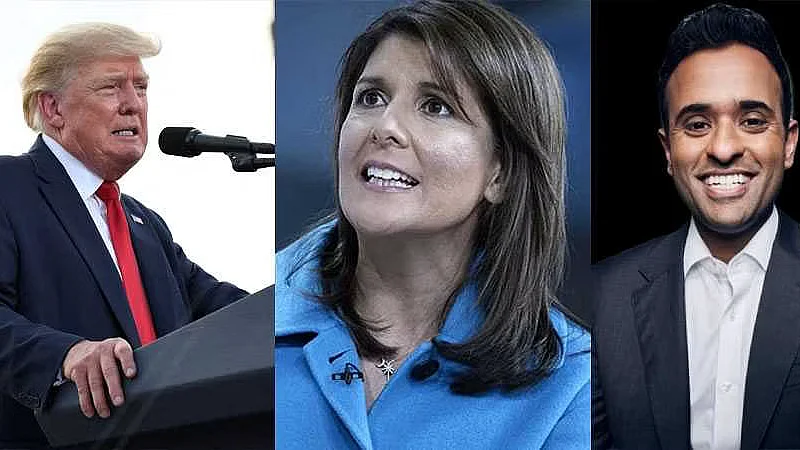 (L-R); Donald Trump, Nikki Haley, Vivek Ramaswamy