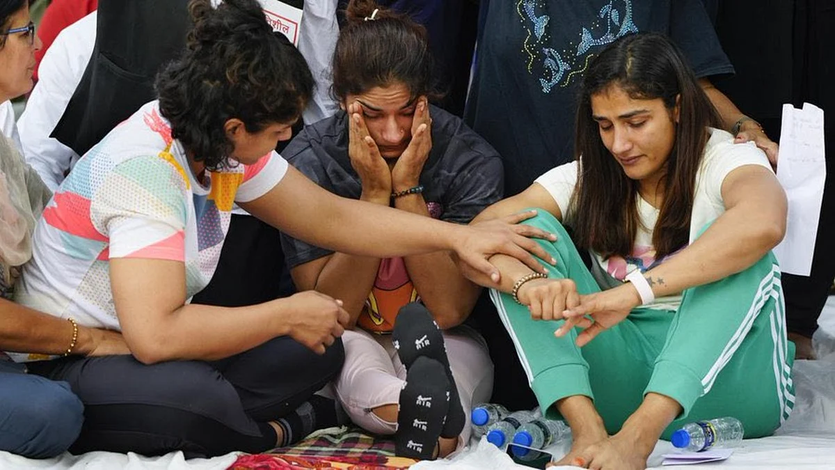 Wrestlers protesting at Jantar Mantar